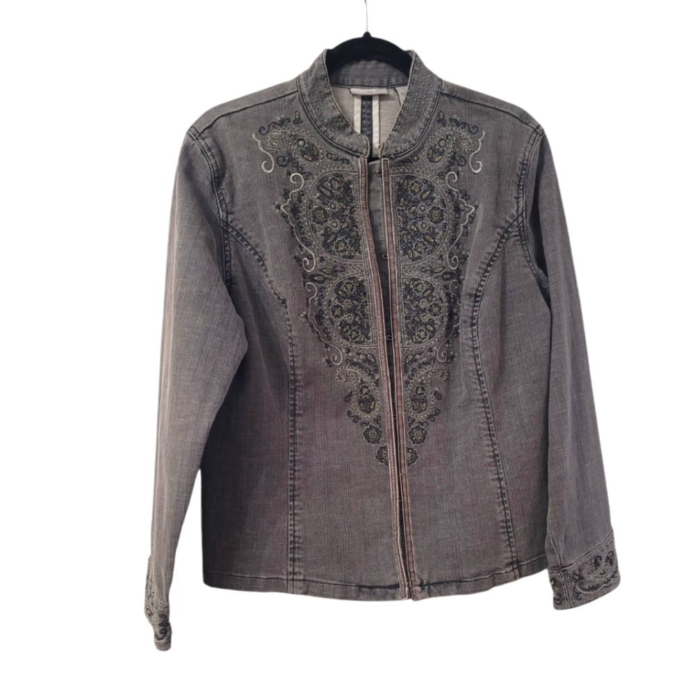 Chico's embroidered sequin  cotten gray large jean jacket